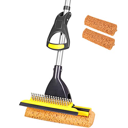 Yocada Sponge Mop Home Commercial Use Tile Floor Bathroom Garage Cleaning Total 2 Sponge Heads NOT 3 Telescopic Handle Squeegee from 42.5 to 52 Inches Easily Dry Wringing only 2 Heads