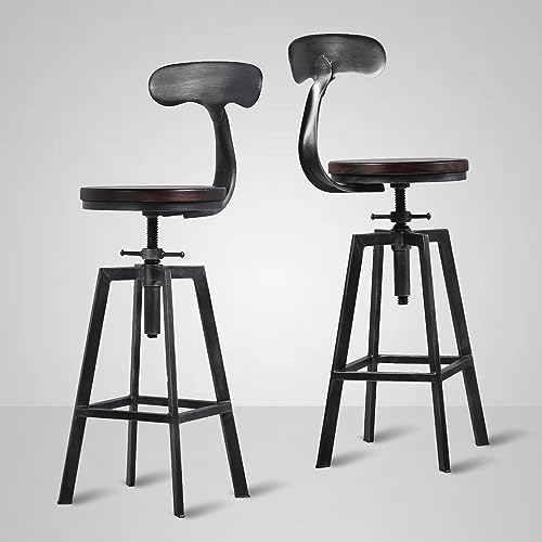 Set of 2 Industrial Bar Stools Counter Height Adjustable 25.6-30.5inch Vintage Dining Stool Coffee Chair Swivel Wooden Seat Metal Backrest