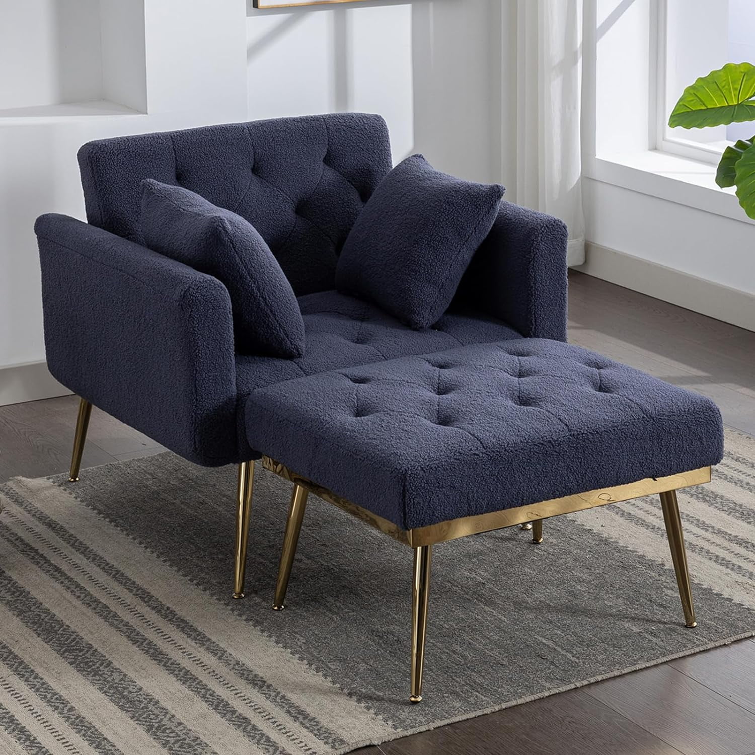 DecoraFlex Comfy Tufted Chaise Lounge Chair with Ottoma, Recliner Chair 3 in 1 Modern Accent Comfy Sleeper/Lounge Chair Reading Chair with 2 Pillows for Living Room Home Office (Blue Teddy)