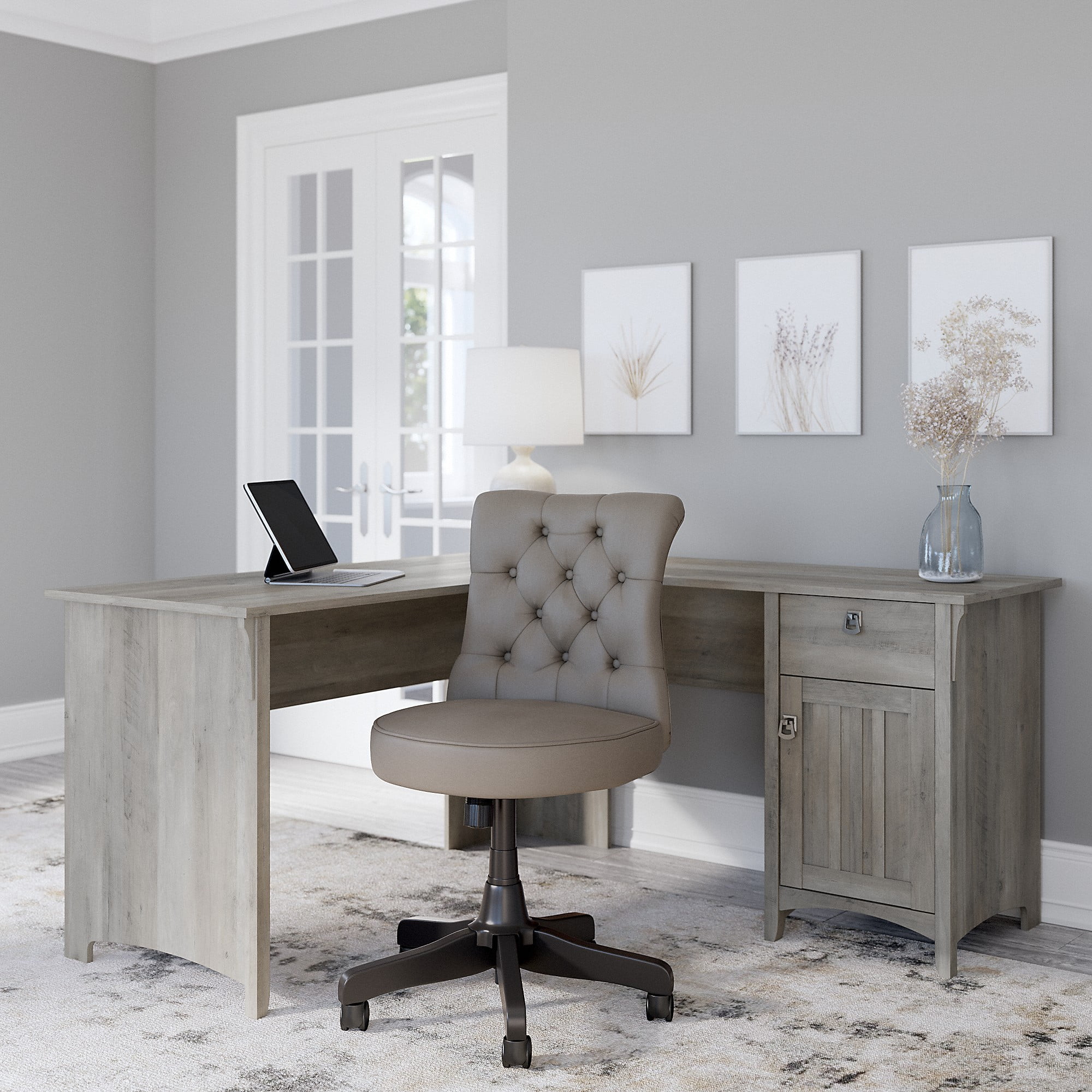 Bush Furniture Salinas 60W L Shaped Desk Set with Mid Back Tufted Office Chair in Driftwood Gray (Ships in 2 boxes)