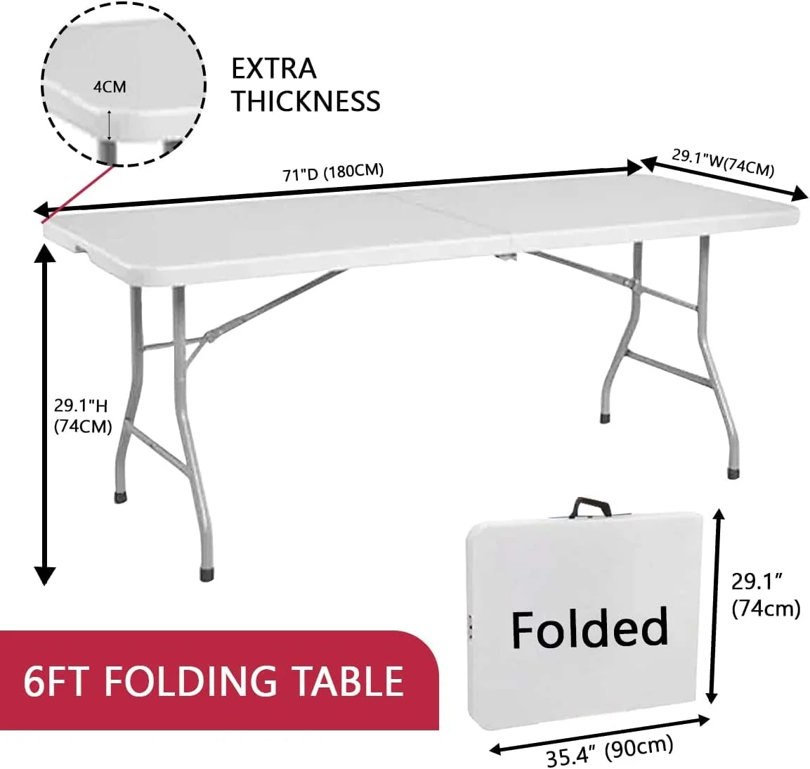 New Home Era Fold Up Table � 6 ft Plastic Folding Table for Picnics, Parties, Camping � Outdoor Table with Carrying Handle � Bi-Fold Rectangular Design � Lightweight and Durable (3)