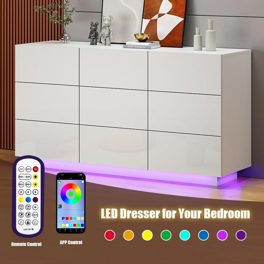 9 Drawers Chest Of Dresser Storage Tower Cabinet Bedroom Organizer with Light White