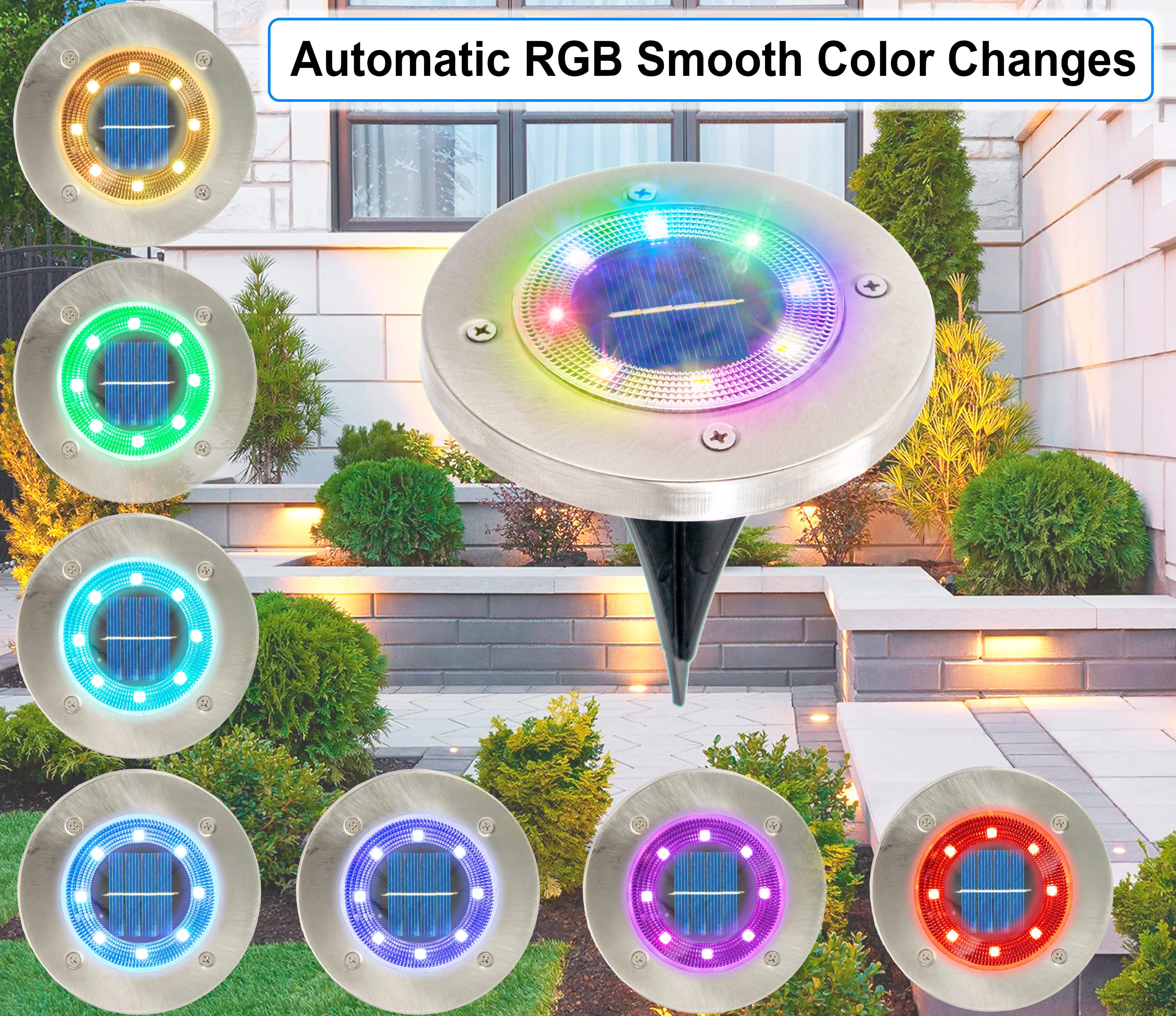 Solar Disc Powered COLOR Changing 8 LED Disk Path Ground Lights W/ Diffusing Lens - 7 Color Changing Stainless Steel Waterproof Garden Landscape Spike Yard Lights - 4 Pack - RGB Color Changing