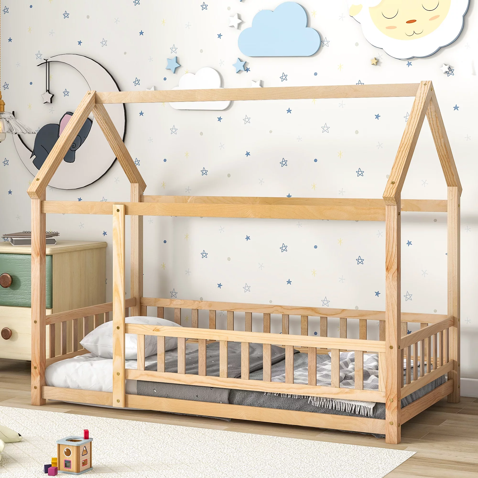 Twin Size House Floor Bed, Wood Montessori Bed Frame with Fence Guardrails, House Beds for Toddler Kids Girls Boys（Twin,Natural)