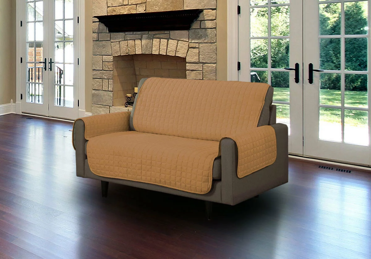 Linen Store Furniture Protector, Quilted Microsuede Machine Washable Sofa Slipcover with Tucks Perfect for Kids, Dogs, Pets (Camel, Loveseat)