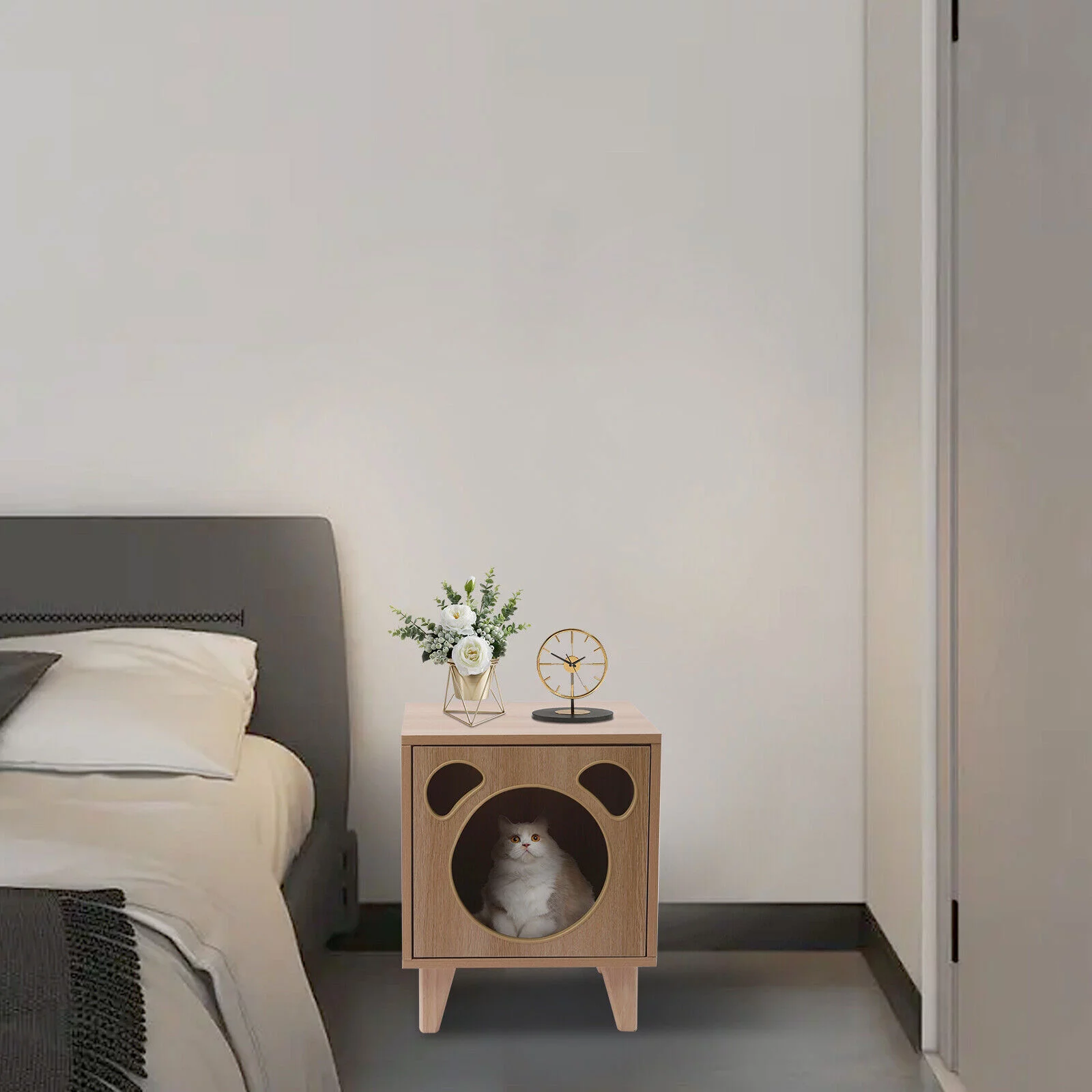 FETCOI Condos Pet House Nightstand Oak Cat Nest Nightstand Bedside Table Cat Houses