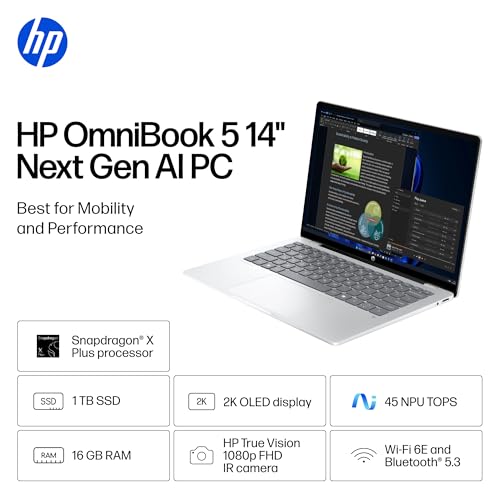 HP OmniBook 5 14 inch Next Gen AI PC, OLED Display, Snapdragon X Plus X1P-42-100, 16 GB RAM, 1 TB SSD, Qualcomm Adreno GPU, Windows 11 Home, Copilot+ PC, Glacier Silver, 14-he0099nr