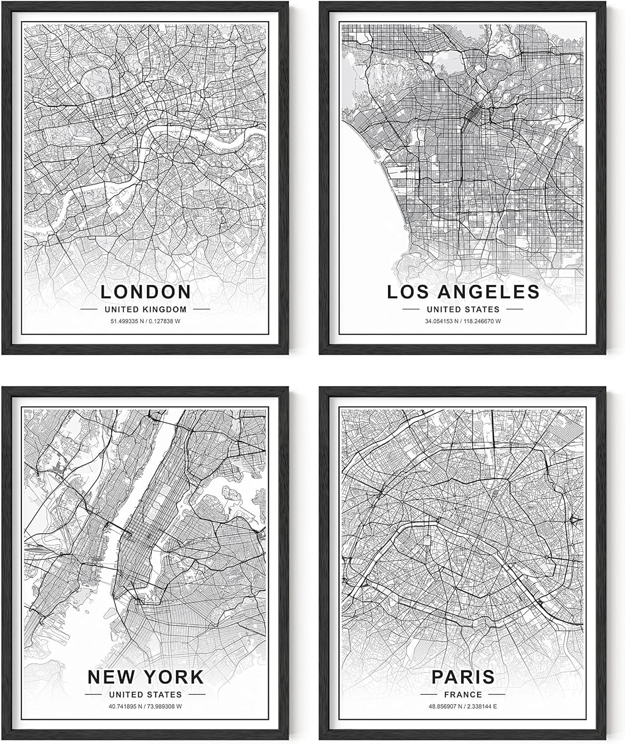 Haus and Hues Black and White Wall Art - Set of 4 Black and White Pictures of City Wall Art, Paris Wall Decor, New York City Wall Art, London Art Print, Los Angeles City Art (Framed Black 16x20)