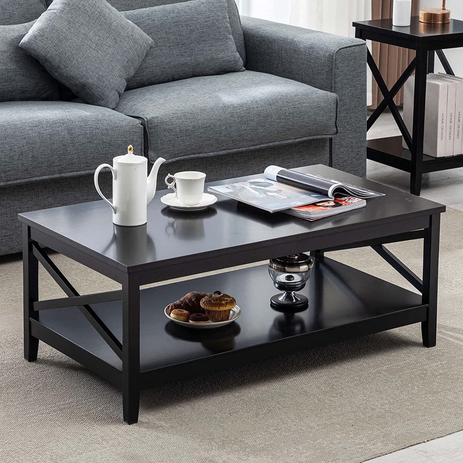 Duhome Coffee Table with Storage, Solid Wood Coffee Table Modern Rectangle Center Table for Living Room Black