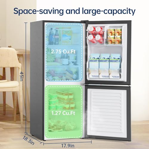 BANGSON Small Refrigerator with Freezer, 4.0 Cu.Ft, Small Fridge with Freezer, 5 Settings Temperature Adjustable, 2 Doors, Refrigerator for Apartment Bedroom Dorm and Office, Silver