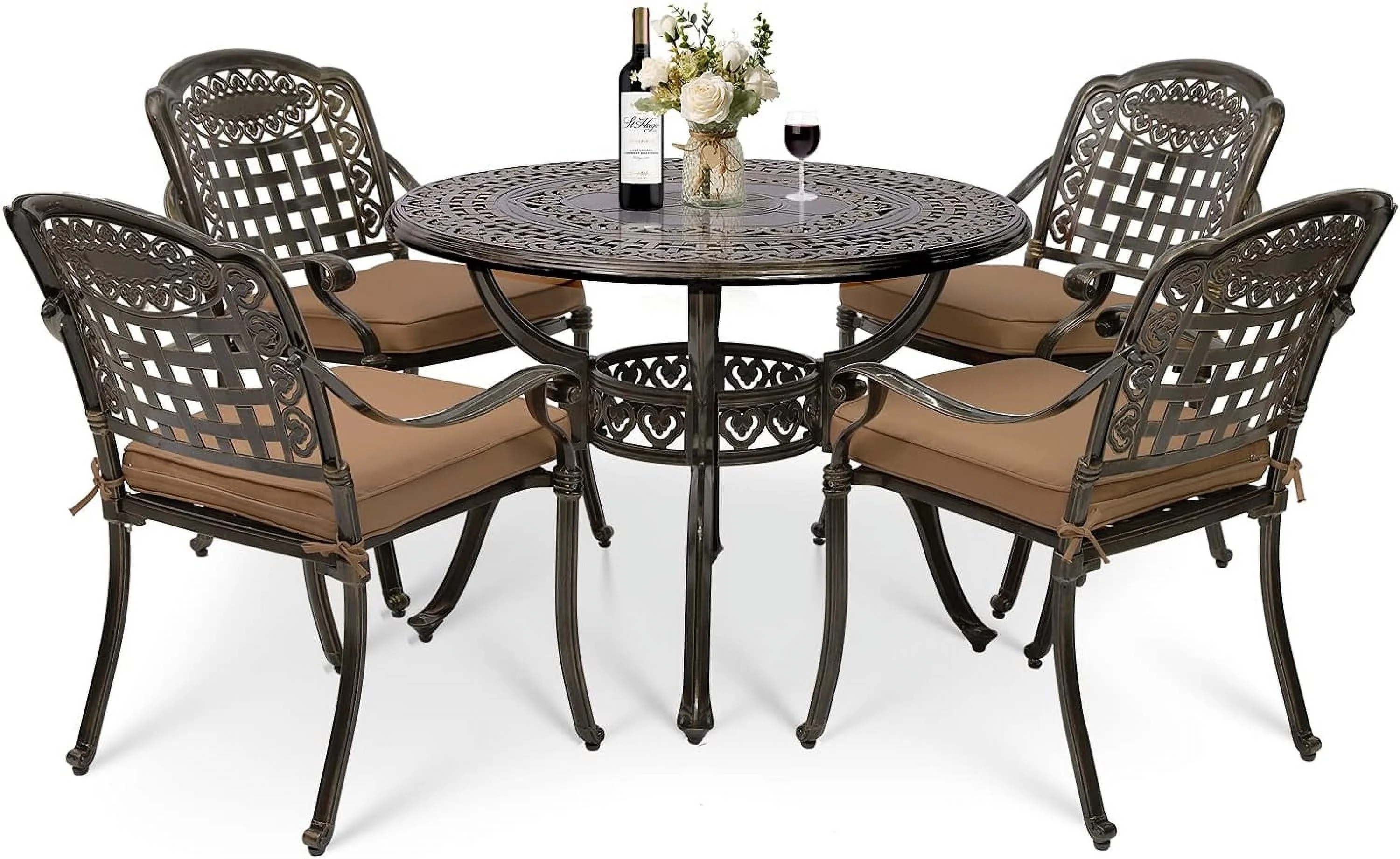 MEETWARM 5 Piece Patio Dining Set, Outdoor All-Weather Cast Aluminum Dining Table Set, Patio Furniture Set for Backyard Garden Deck, Include 4 Chairs, 4 Cushions and 1 Round Table with Umbrella Hole