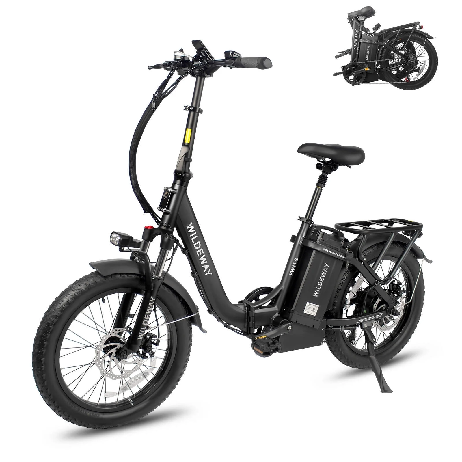 Wildeway Folding Electric Bicycle for Adults ,750w Motor，48v 32ah Removable Battery , 7 Speeds, 20×3.0 Fat Tire Snow Mountain Beach City Ebike Black UL2849