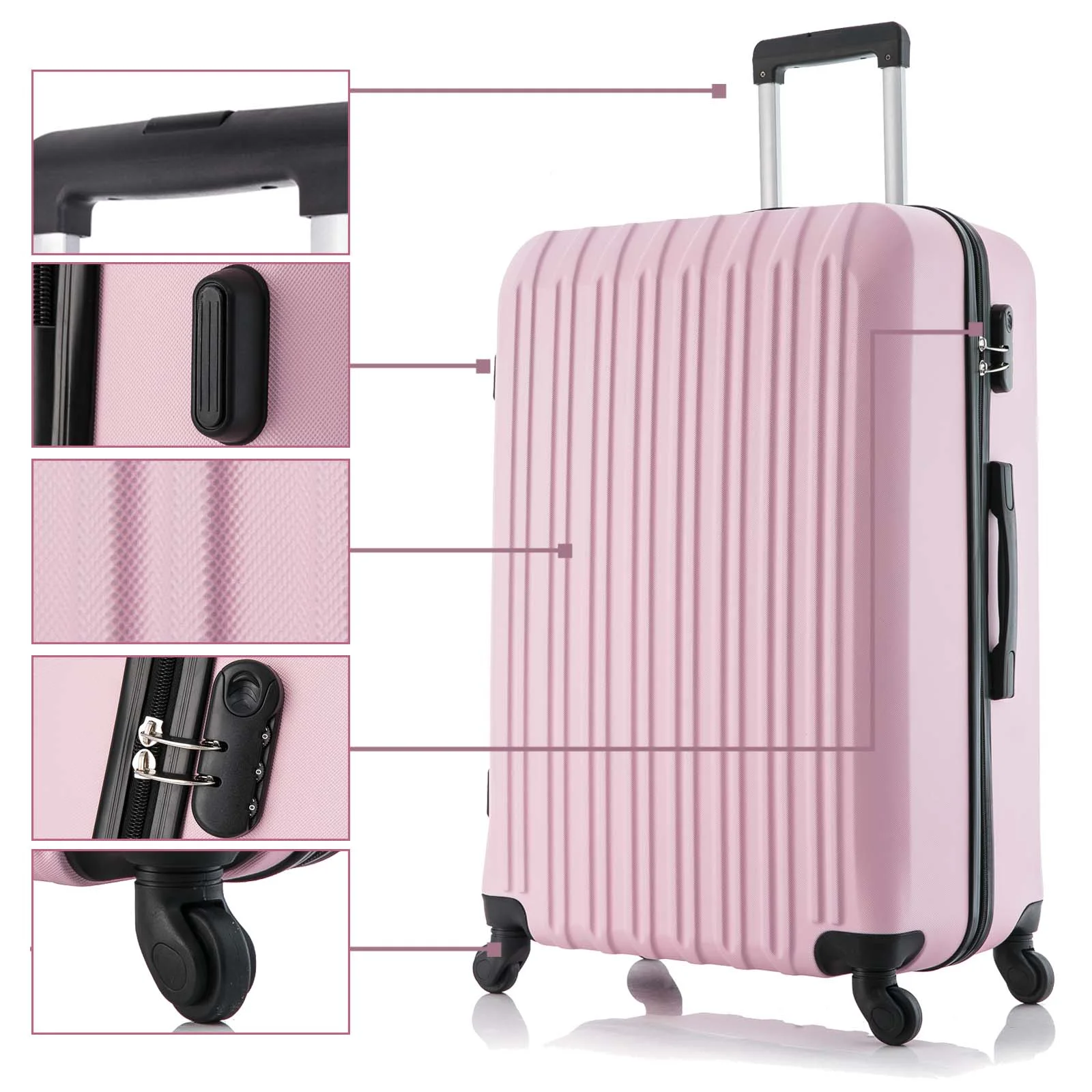 5 Piece Set Luggage Sets Suitcase ABS Hardshell Lightweight Spinner Wheels (16/20/24/28 inch) Pink
