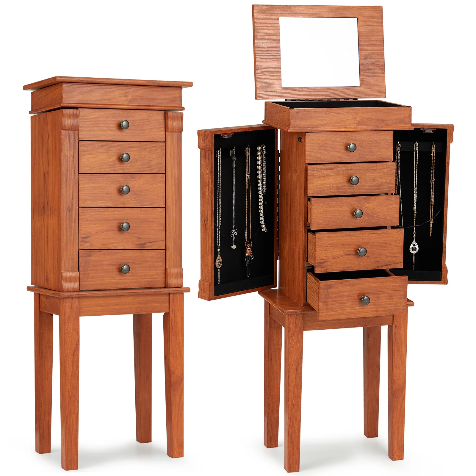 AVAWING Jewelry Cabinet Armoire & Storage Organizer 5 Drawers & 8 Necklace Hooks, Cerise