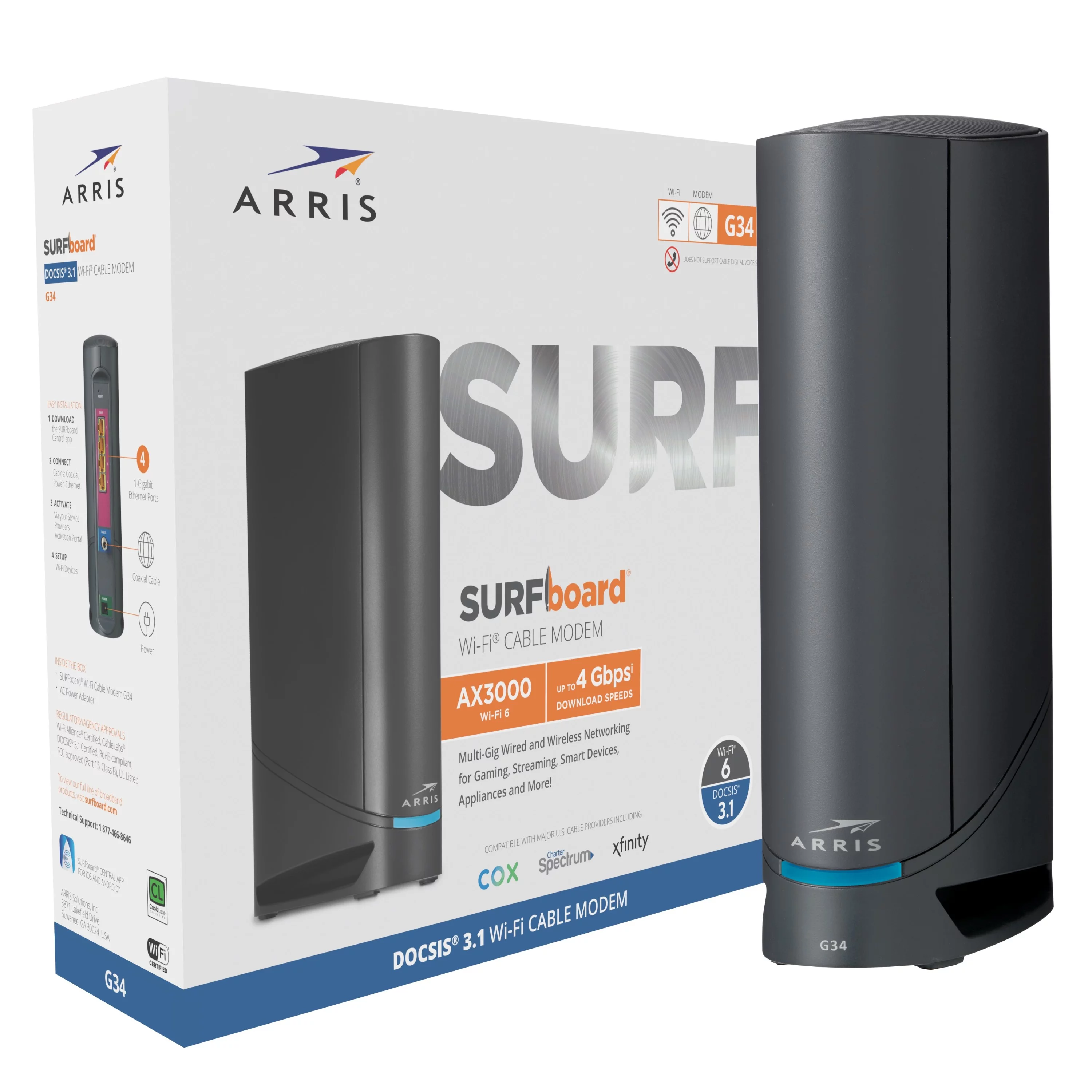ARRIS Surfboard DOCSIS 3.1 Gigabit Cable Modem and AX3000 Wi-Fi 6 Router, Approved for Cox, Spectrum, Xfinity and Others, Wireless Technology - New Condition