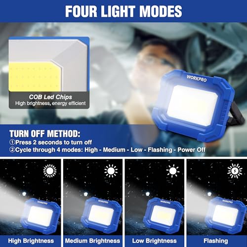 WORKPRO LED Work Light, Rechargeable Magnetic Work Lights with Stand, Portable, Waterproof, 2000LM COB Flood Light for Camping, Fishing, Car Repair, Job Site Lighting, Hiking, 4 Modes, 2 Pack