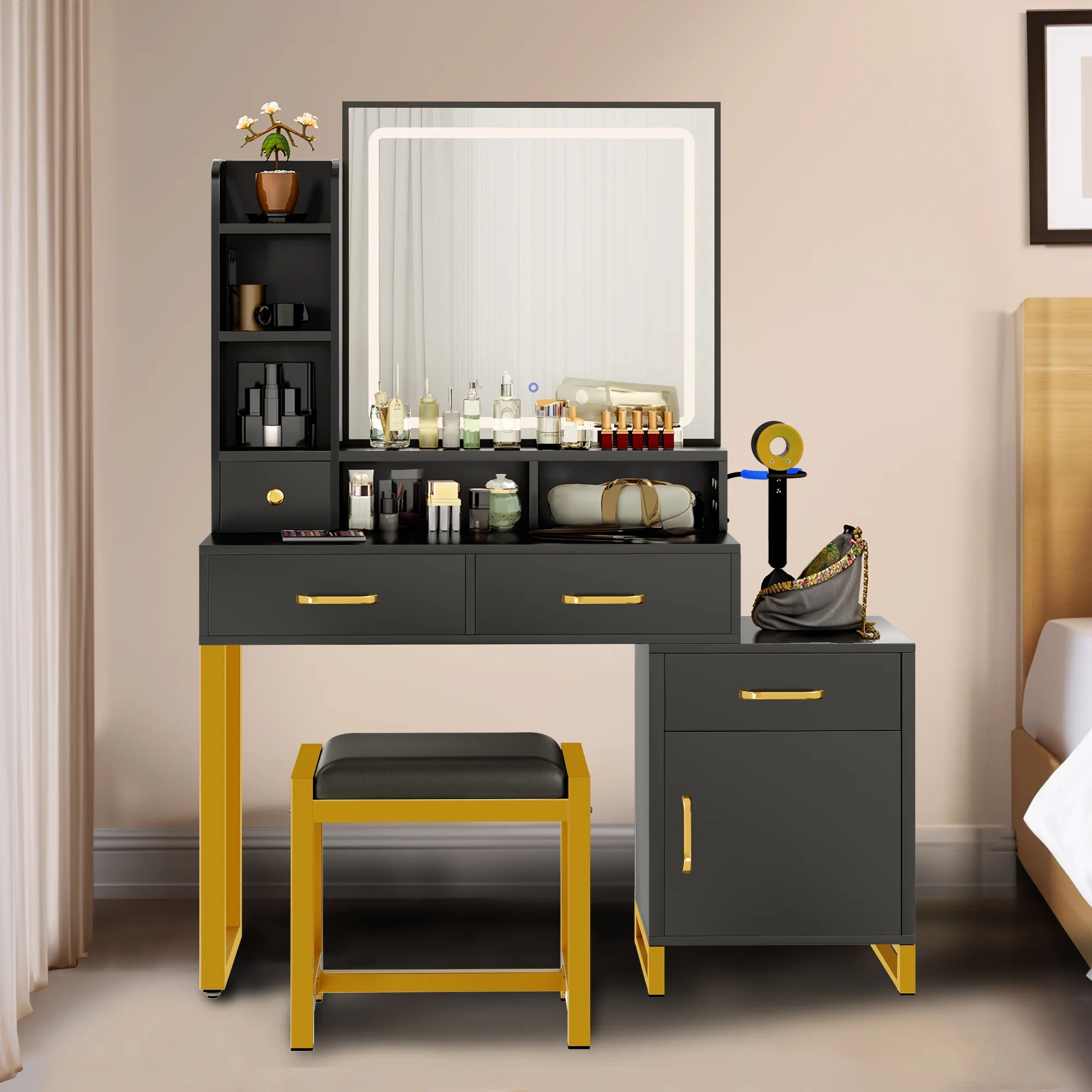 Dextrus Makeup Vanity with Mirror, Lights and Drawers, Vanity Table Set with Adjustable Lighting, Power Strip, Storage Shelves and 3 Lighting Color Options - Black