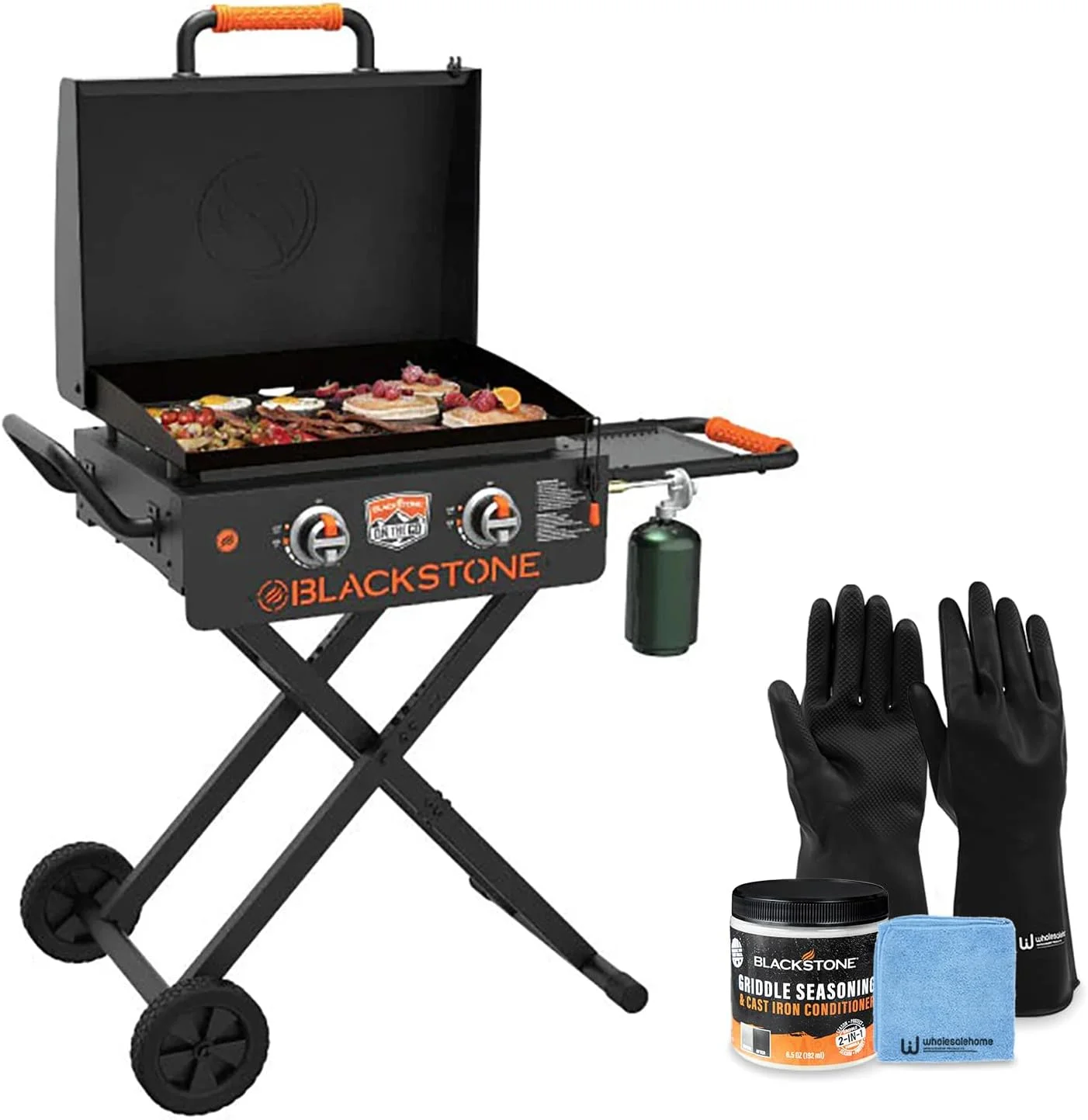 22 inch Blackstone Griddle with Hood and Grill Stand, Foldable Outdoor Flat Top Grill Propane Portable Gas Grill for Camping and BBQ Grill with Blackstone Seasoning, and Wholesalehome Gloves and Cloth