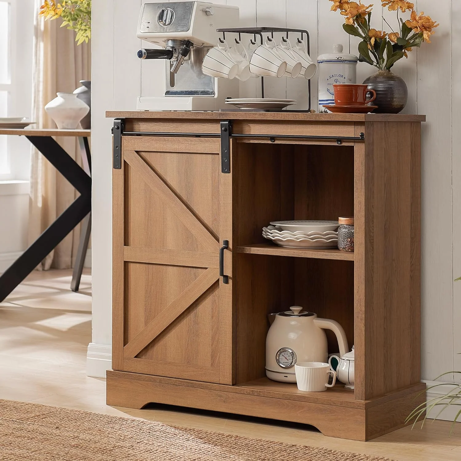 Coffee Bar Cabinet, 32'' Tall Sliding Barn Door, As Small Sideboard Buffet Cabinet with Storage for Kitchen, Dining Room, Living Room, Entryway, Rustic Brown