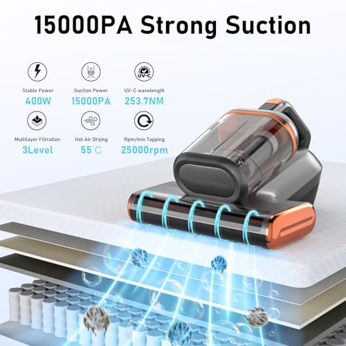 Mattress Vacuum Cleaner with 400W/15Kpa Suction Powerful Double-Cup, 99.9% Filtration Bed Vacuum Cleaner with UV & Ultrasonic, Handheld Vacuums for Sofa/Bed/Fabric Surface