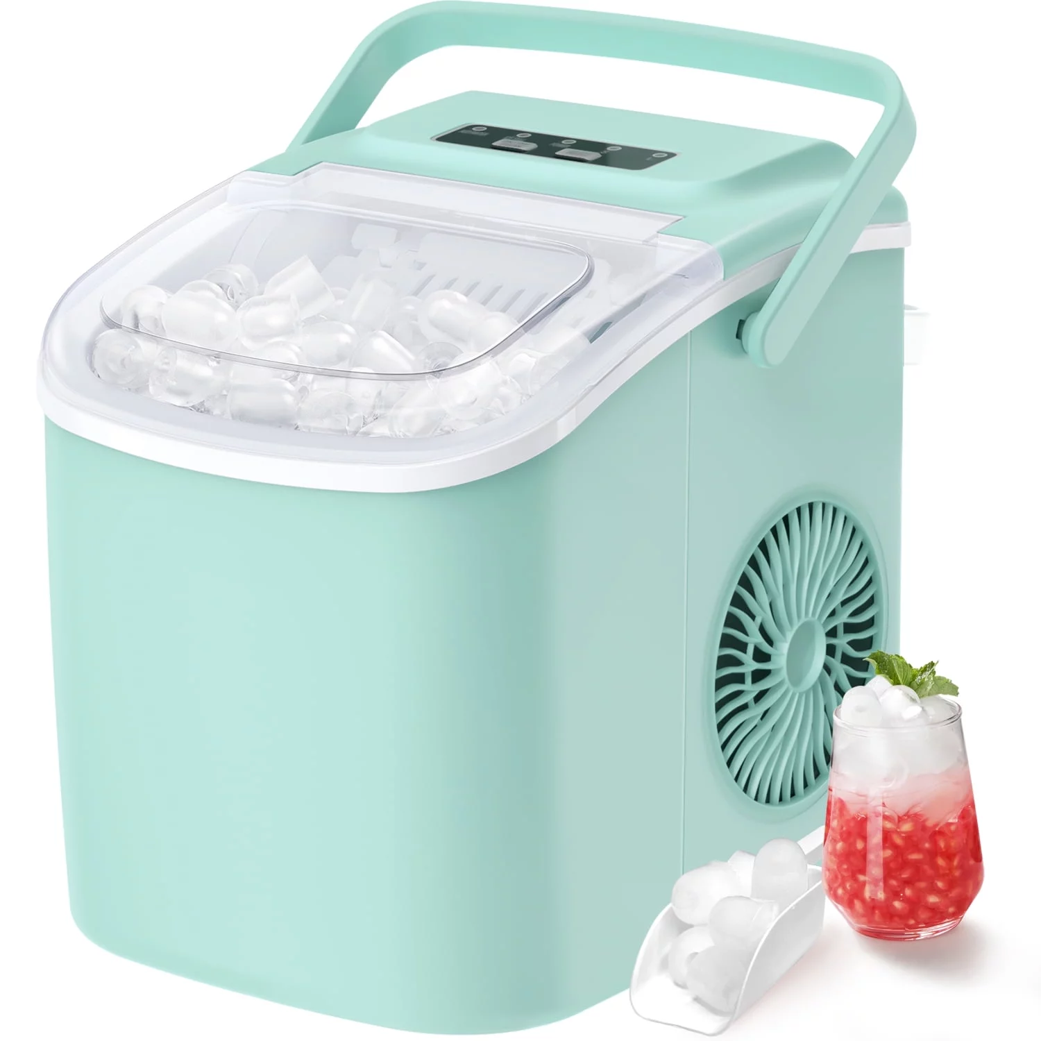 Countertop Ice Maker with Handle, 9 Cubes/6 Mins, 26lbs/24Hrs, Self-Cleaning Ice Maker with Ice Scoop and Basket, 2 Sizes of Bullet Ice for Home Kitchen Office Bar Party, Green