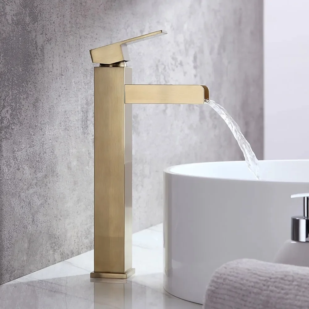 Homary Modern Brushed Gold Single Handle Waterfall Bathroom Vessel Sink Faucet Solid Brass