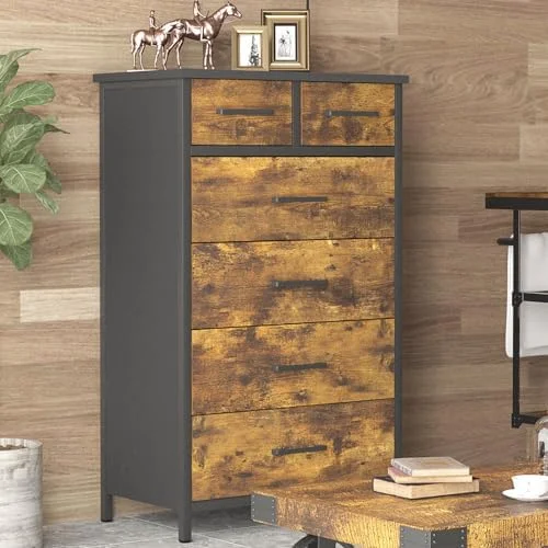 GEROBOOM 6 Drawer Dresser  Industrial Wood  Dressers & Chests of Drawers with Sturdy Steel Frame   Dresser for Bedroom Wood (Rustic Brown)
