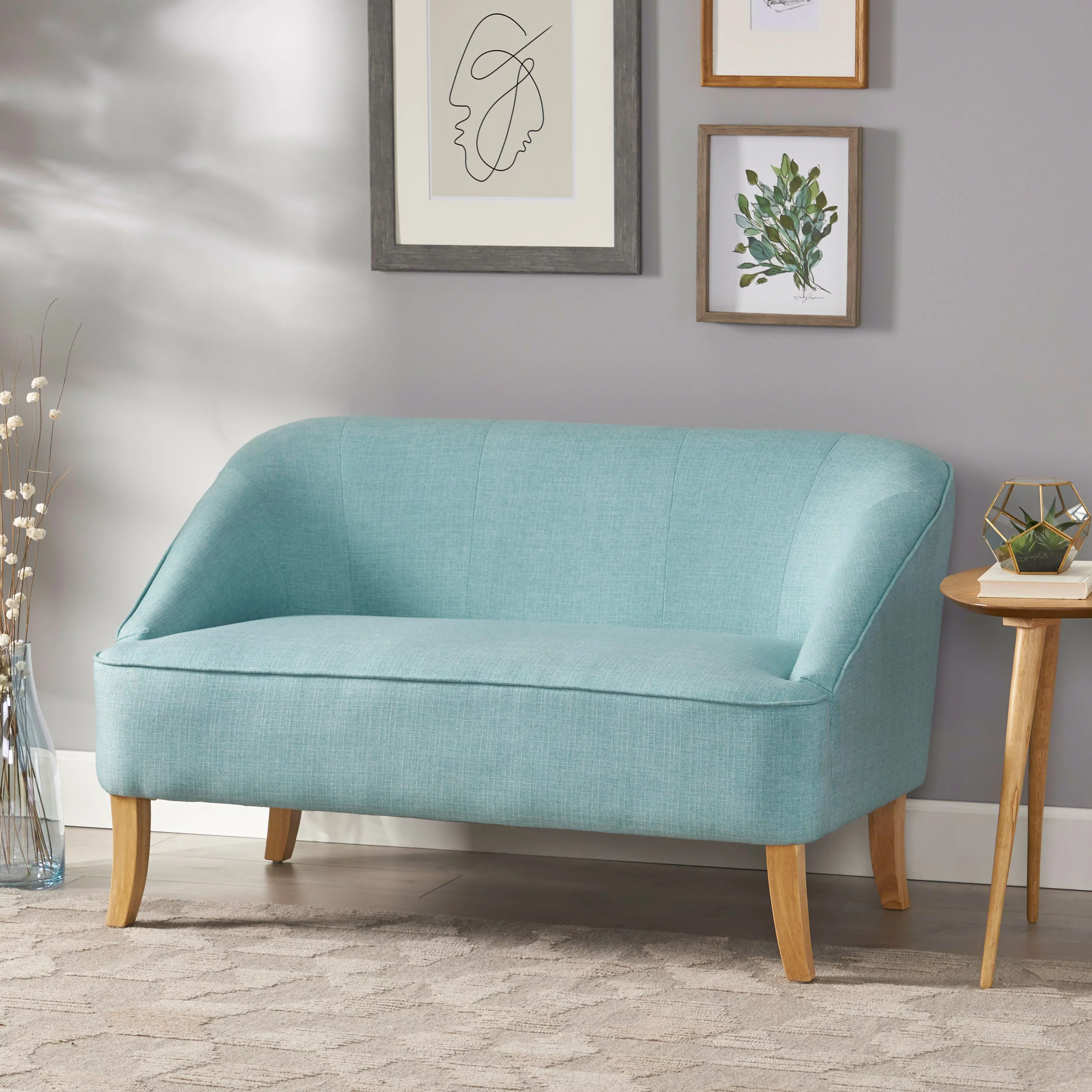Jasper Mid Century Modern Light Blue Fabric Loveseat
