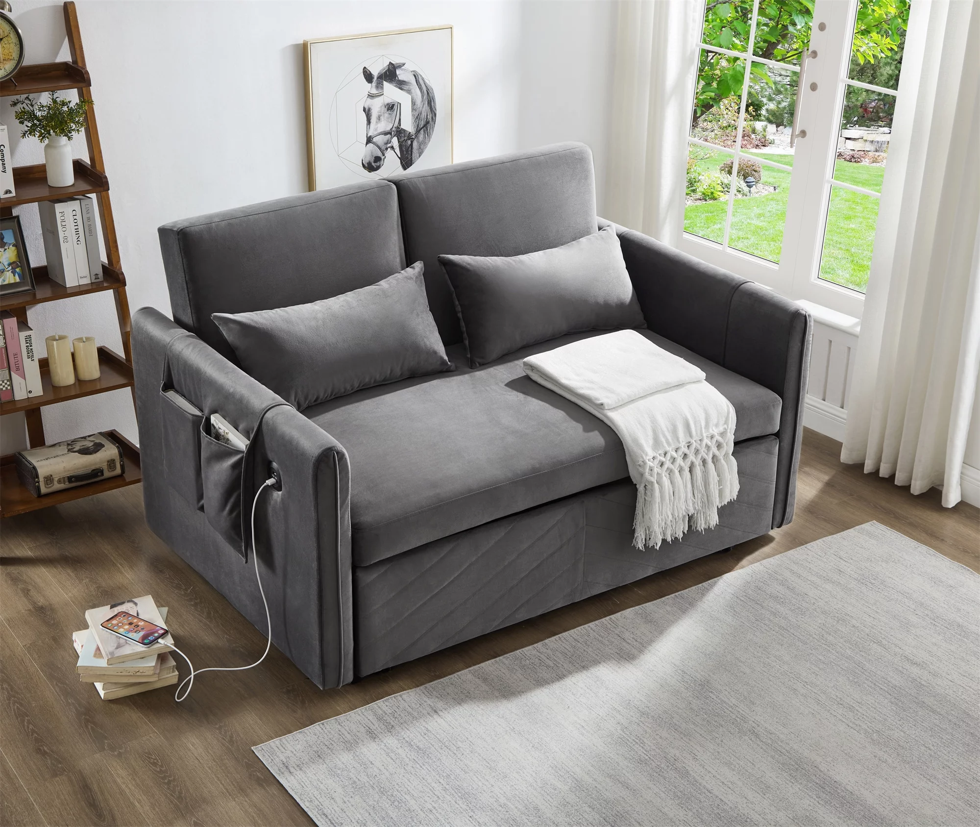 Gexpusm Upholstered Sleeper Sofa Pull Out Bed, Convertible Loveseat Sofa Couch for Living Room, Gray