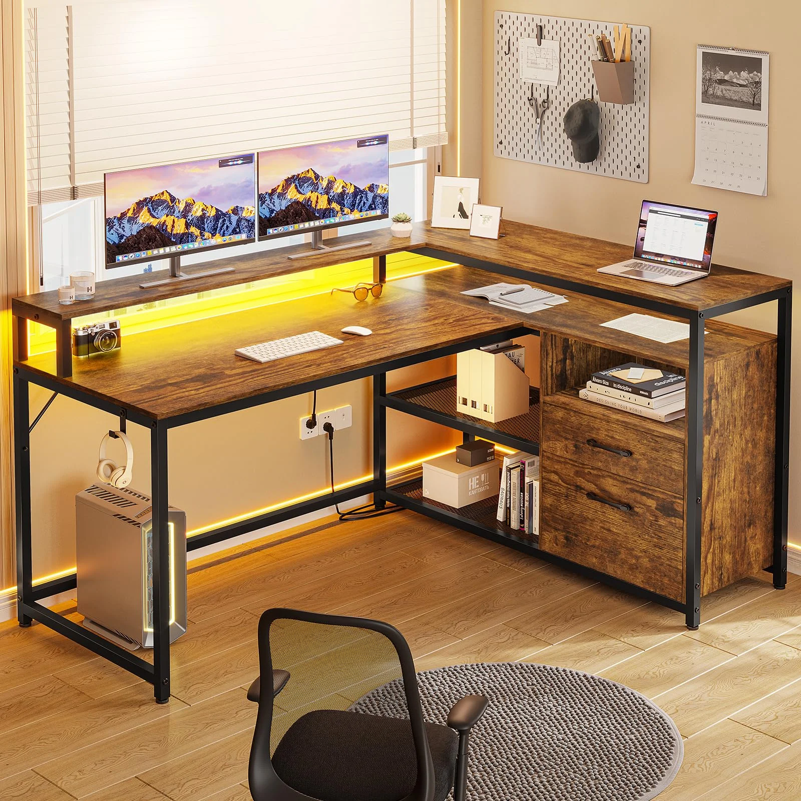 Brown L Shaped Cpomputer Desk with LED Lights and Printer Storage Shelves,55