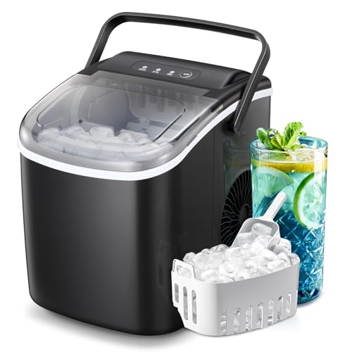 ZAFRO Countertop Ice Maker,Portable Ice Machine with Carry Handle,Self-Cleaning,Basket and Scoop,9 Cubes in 6 Mins,26lbs/24Hrs,2 Sizes of Bullet Ice,for Home,Kitchen,Party,Black,Green