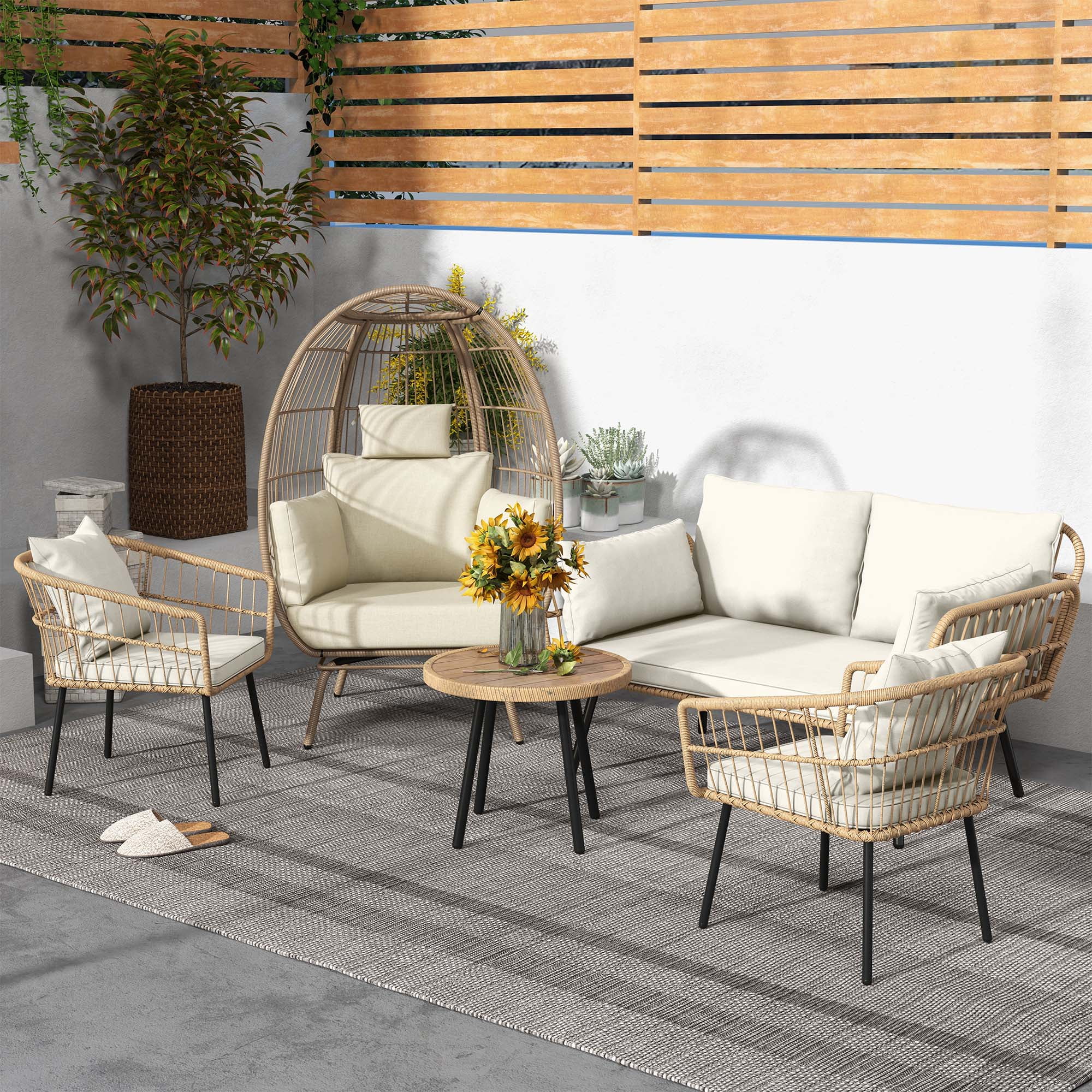 DWVO Boho Patio Furniture Outdoor Bistro Set,Sectional Sofa Conversation Sets - Wicker Loveseat Sofa Chairs,Egg Chair with Soft Cushions - Beige