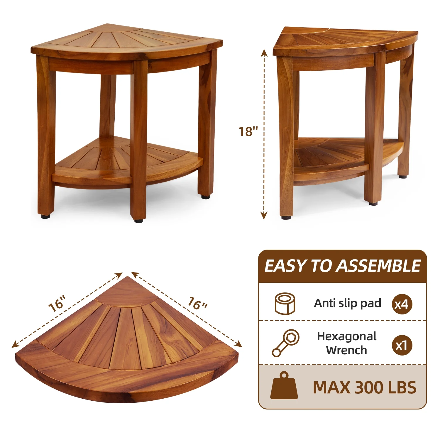 Jolicasa Teak Shower Bench with Shelf, Waterproof Teak Wood Shower Stool & Spa, Corner Stool for Elderly, Indoor and Outdoor Use - Assemble Required