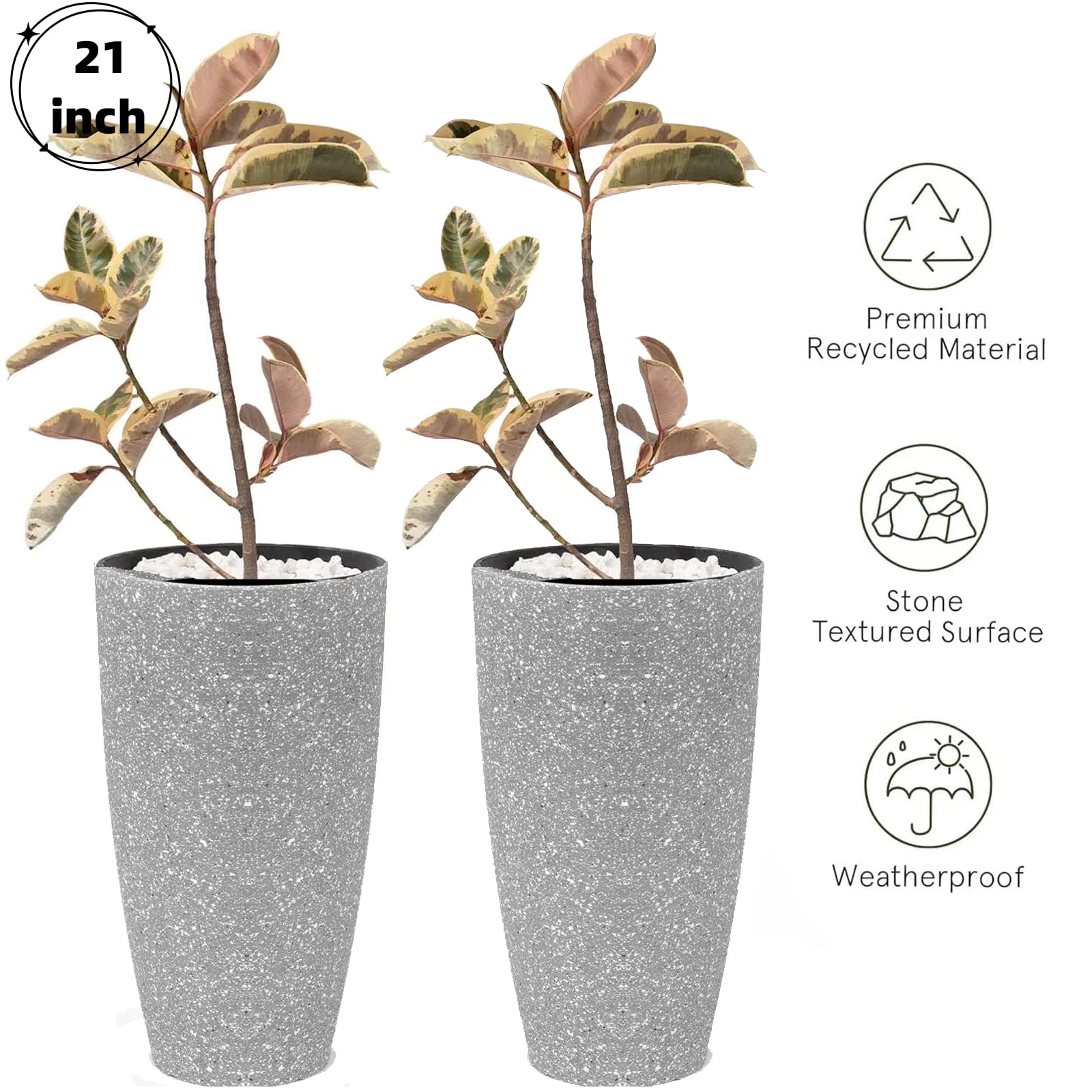 2Pack 21in Round Tall Planter for Indoor Outdoor Porch/Patio | Plastic Resin Vase with Drainage Holes | Modern Décor