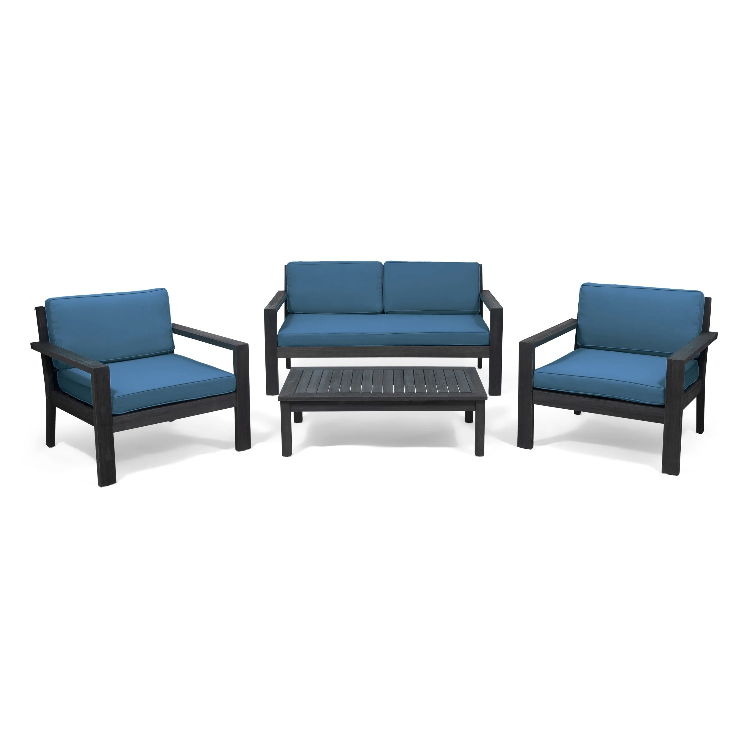 Santa Otis Outdoor 4 Seater Acacia Wood Chat Set with Cushions, Wire Brushed Dark Gray and Dark Teal