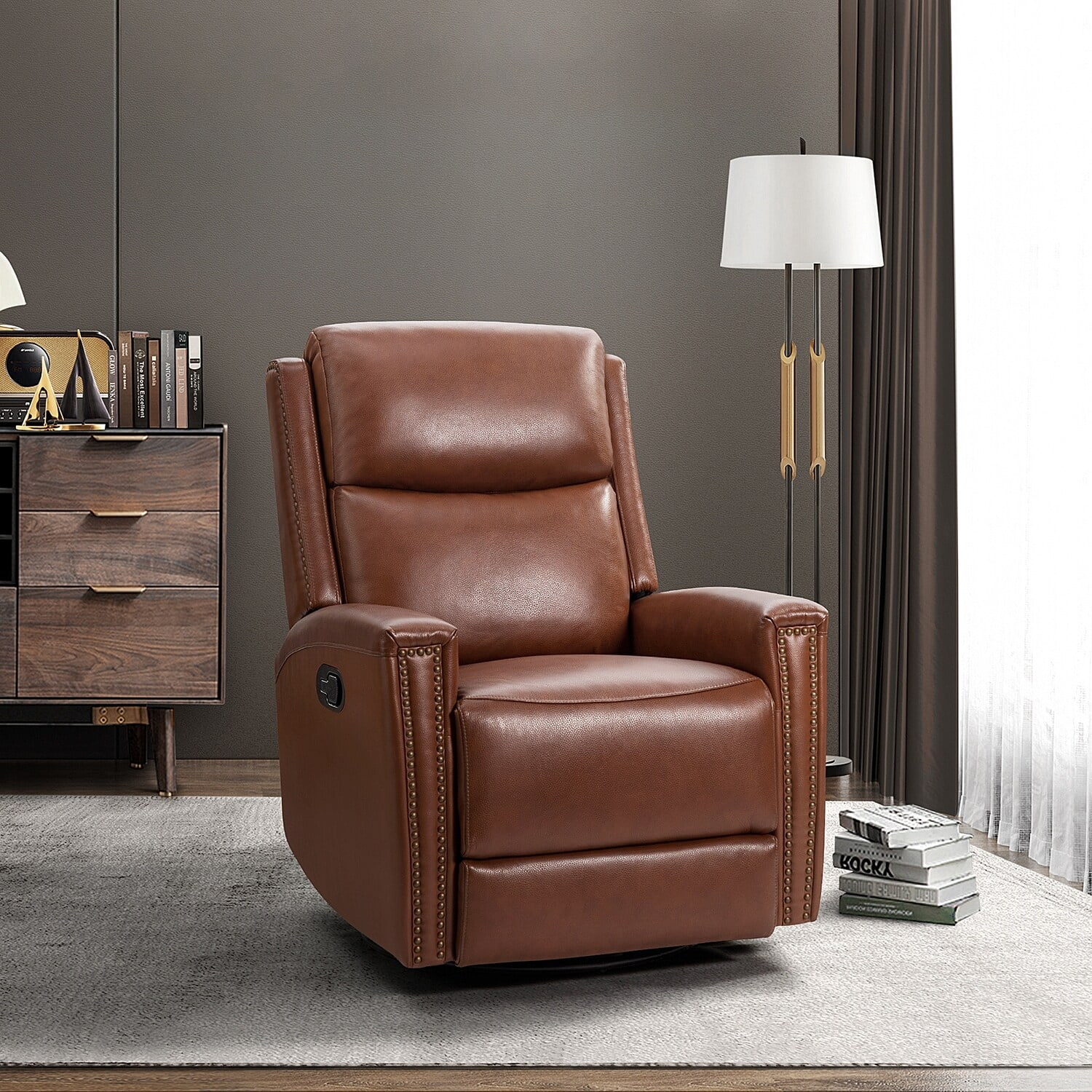 ART OF LIVING DESIGNS,INC Fiacro 30.31''Wide Modern Genuine Leather Wingback Swivel Rocker Recliner With Tufted Back BROWN