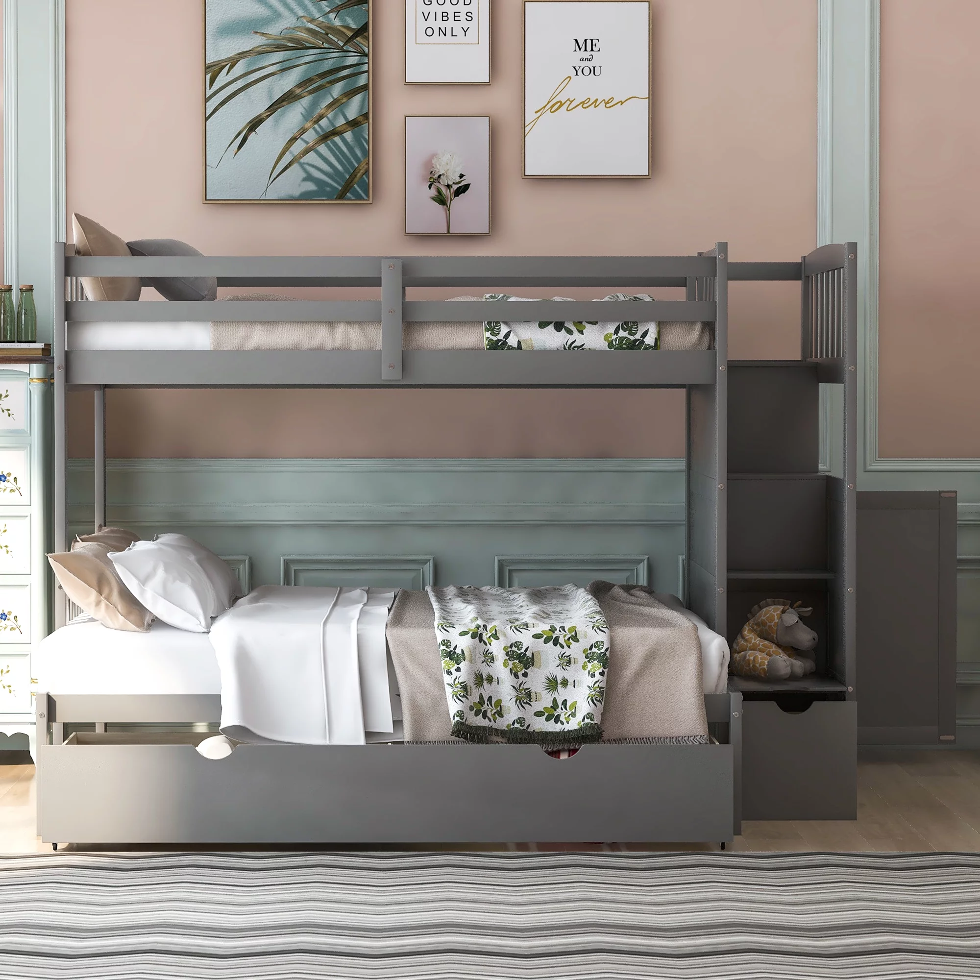 Euroco Twin over Twin or Twin over Full Bunk Bed with Drawers, Shelf and Storage Cabinet for Kids Bedroom, Covertible Lower Bed into Full Bed, Gray