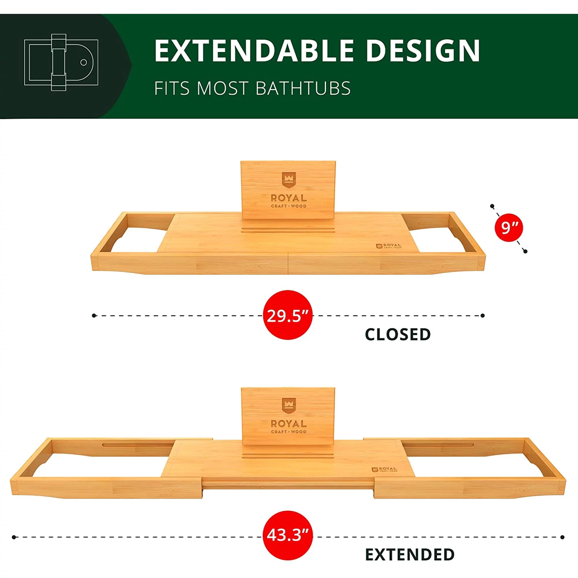 Royal Craft Wood Natural Bamboo Bathtub Caddy/Bath Serving Tray for 2, Luxury Bathtub Accessories Set