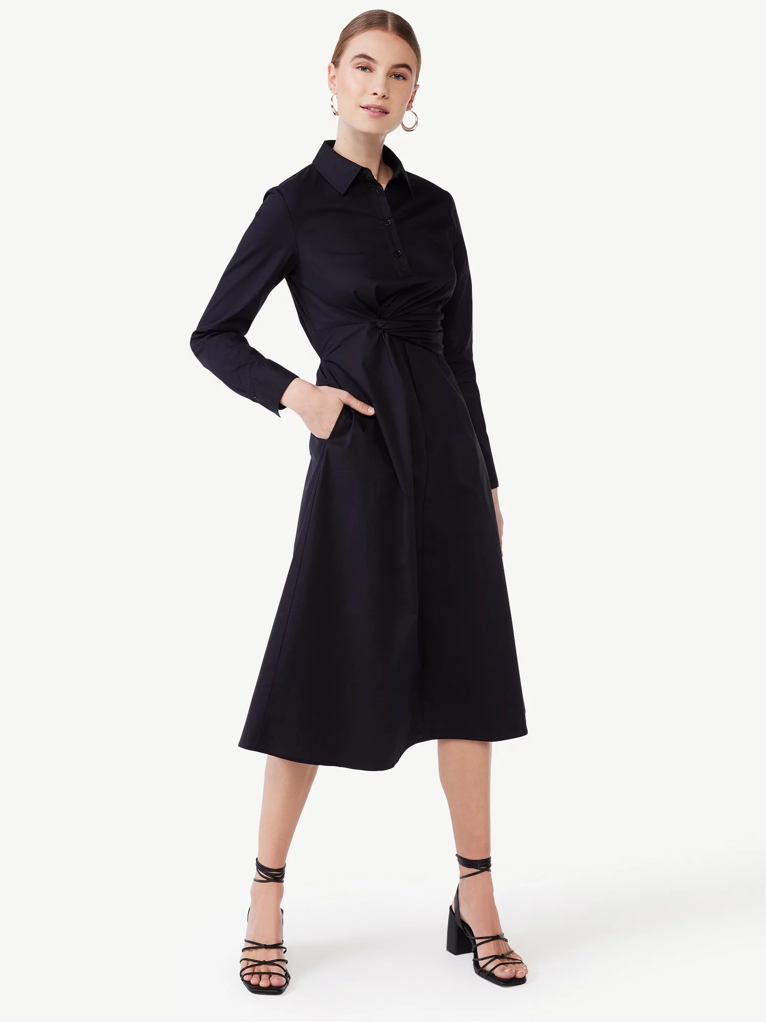 Scoop Women's Side Knot Poplin Midi Shirt Dress with Long Sleeves, Sizes XS-XXL