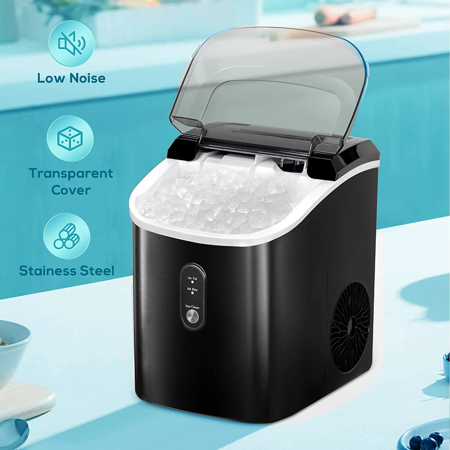 FOOING Nugget Ice Maker Countertop, Portable Ice Maker Machine with Self-Cleaning Function, 33lbs/24H Chewable Ice, Sonic Ice Maker (Black)