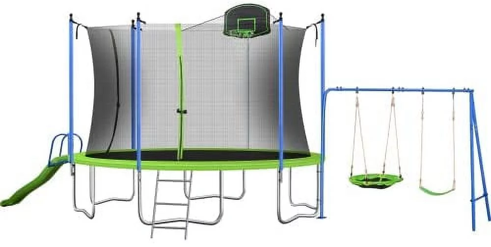 TBWYF 12FT Tranpoline for Adults & Kids Outdoor Round Tranpoline with Slide, Basketball Hoop, Metal Swing Set