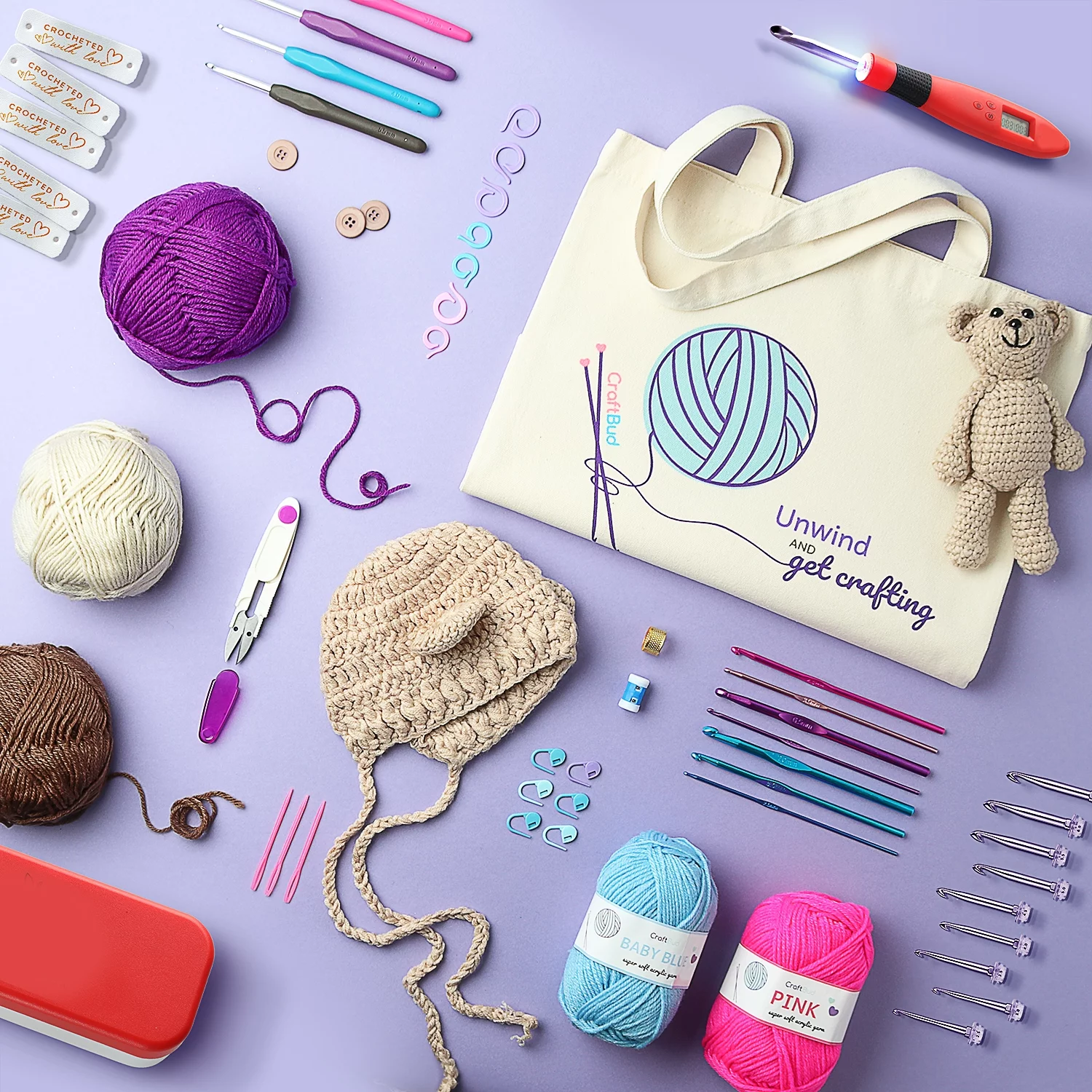 Craftbud Mini Crochet Set Kit With Yarn And Crochet Hook Set (68pc)