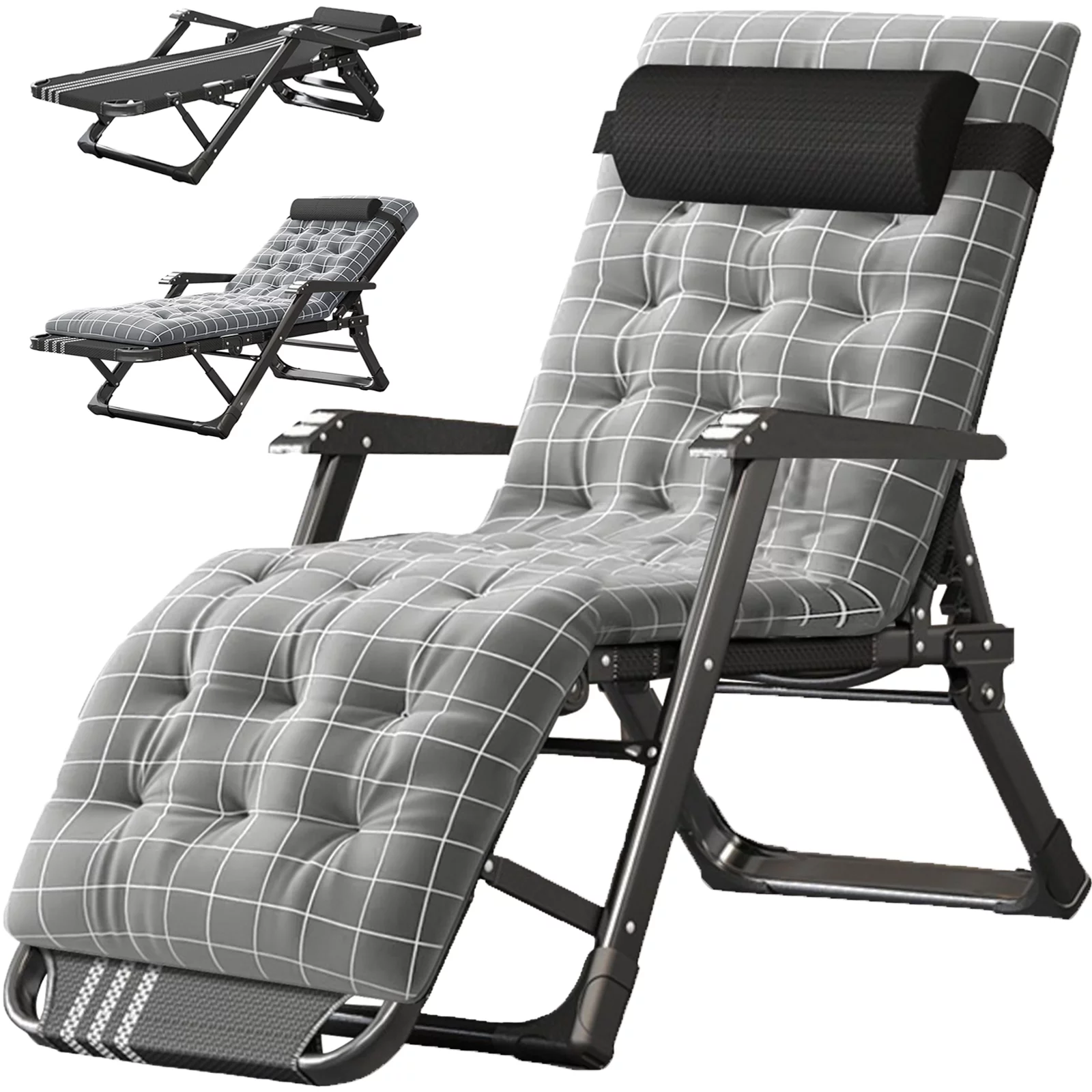 Lilypelle Folding Lounge Chair for Adults, Adjustable 4-fold Reclining Folding Chaise with Pillow, Outdoor Portable Sleeping Cots,440lbs Portable Camping Cot,Gray