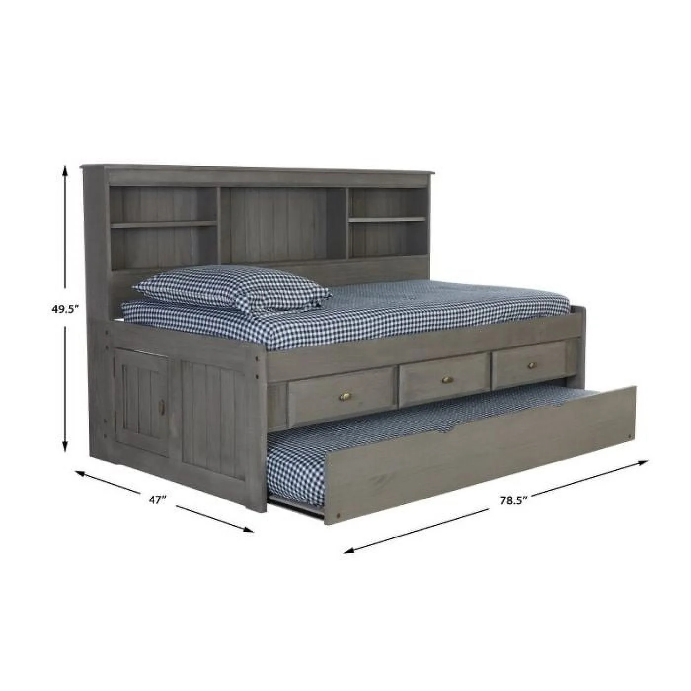 Discovery World Furniture - Twin Size Bed Frame with Headboard Bookcase Captain Day Bed with 3 Drawers & Twin Trundle, Twin Size Bed with Storage & Trundle, Charcoal