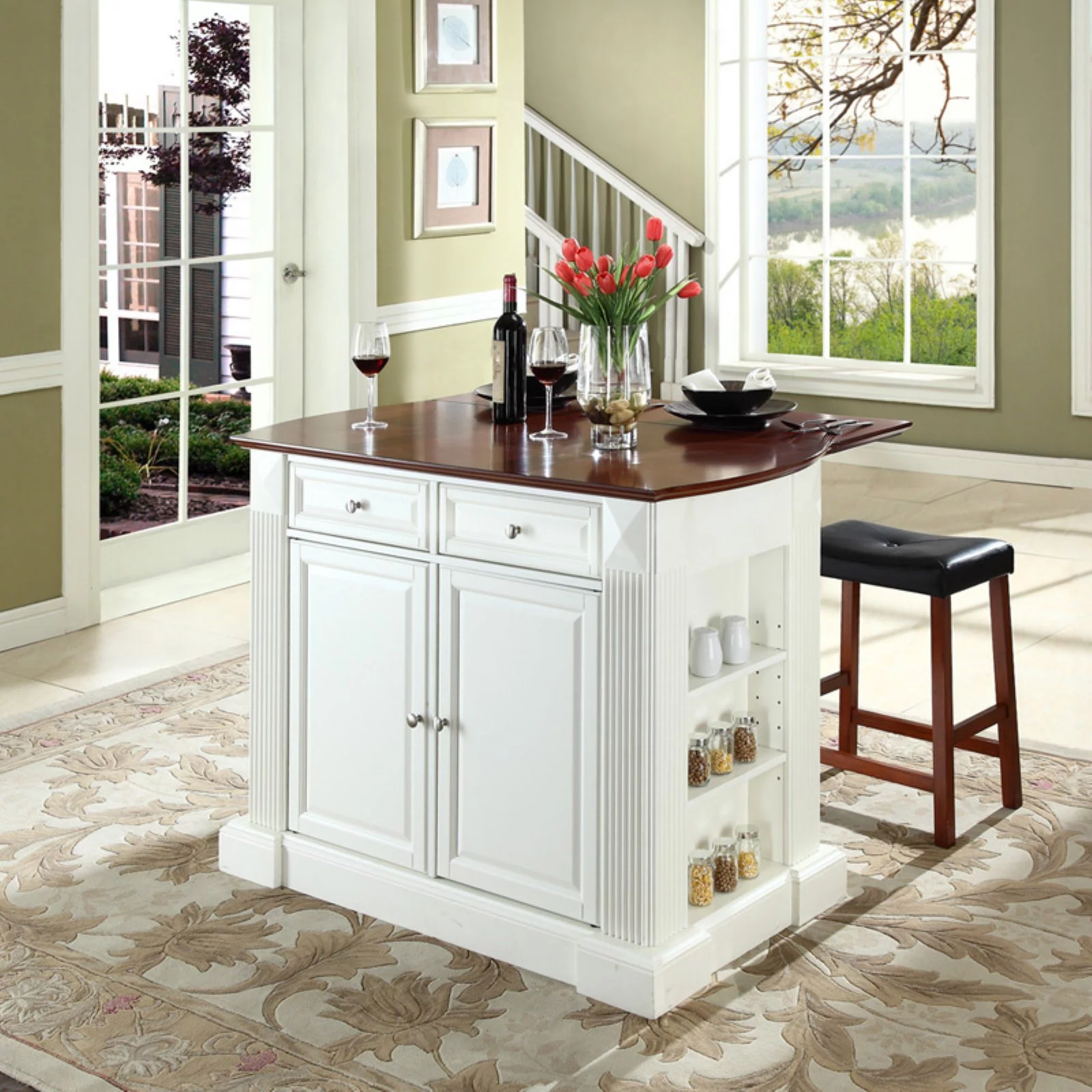 Crosley Coventry Drop Leaf Kitchen Island with Saddle Stools in White