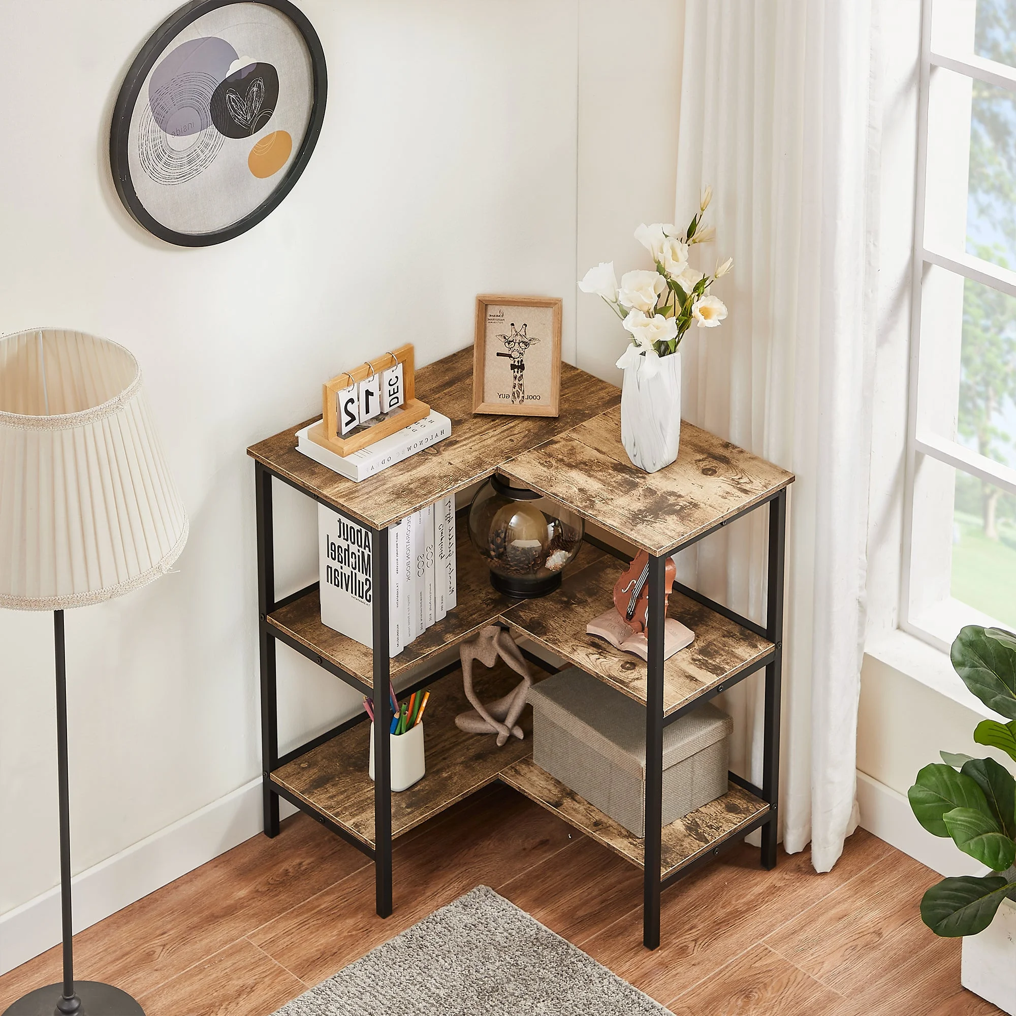 VECELO L-Shaped Corner Shelf, 3 Tiers Open Wood Storage Display Shelves, Modern Small Bookcase Bookshelf Plant Stand for Living Room, Kitchen, Home Office, Gray