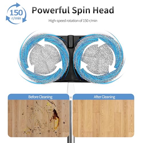 Cordless Electric Mop for Floor Cleaning, AlfaBot WS-24 Electric Spin Mop, Electric Mop with Water Sprayer and LED Headlight, Lightweight & Rechargeable Floor Scrubber for Hardwood Tile Floors