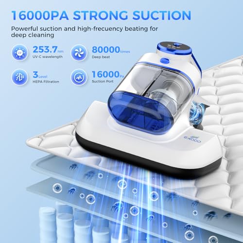 Bed Vacuum Cleaner -Cordless Mattress Vacuum Cleaner with 253.7nm UV-C Light & 16 Kpa Strong Suction.HEPA Filter,Widened Suction Port, Low Noise,Suitable for Dust, Pet Hair, Etc