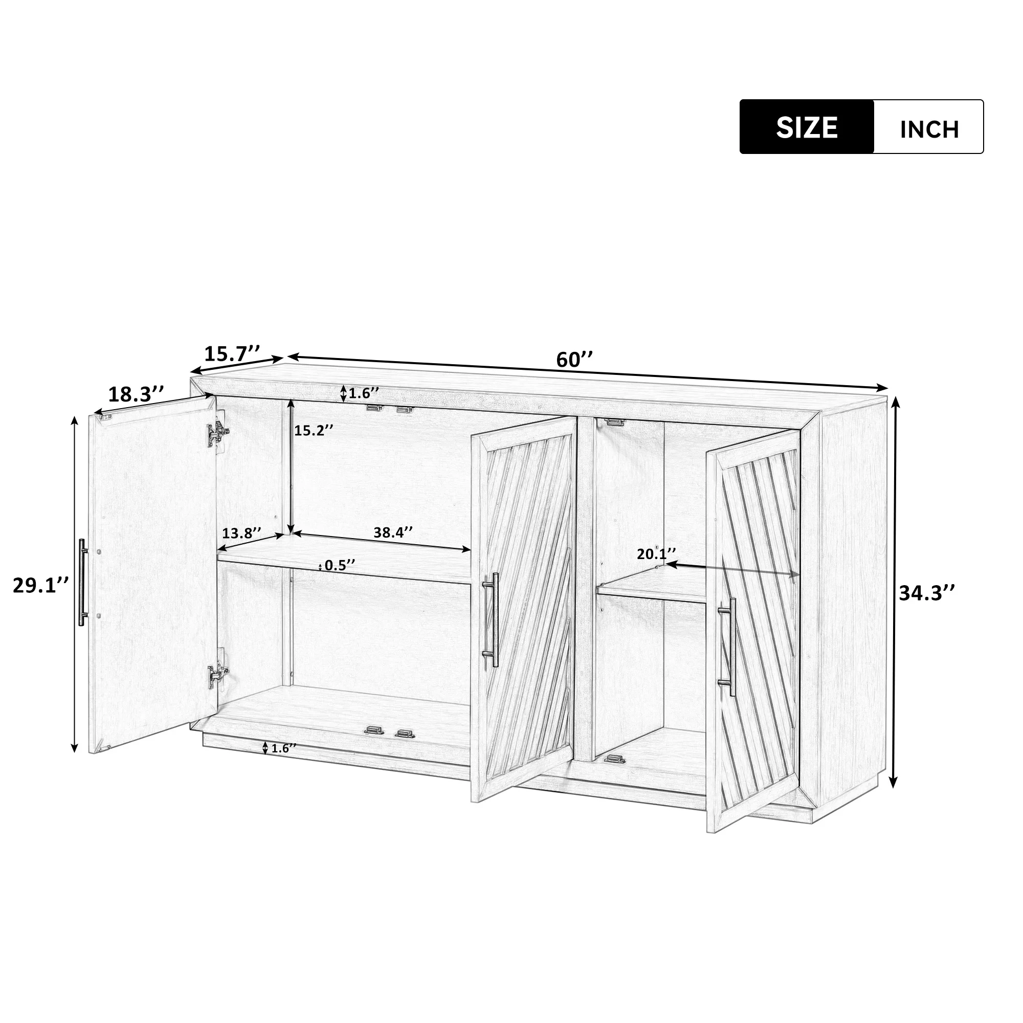 Churanty 3 Doors Large Storage Vintage Sideboard Cabinet, 60'' Retro Sideboard with Adjustable Shelves, Solid Wood Buffet Table for Kitchen Dining Room Hallway Entryway,Antique Blue