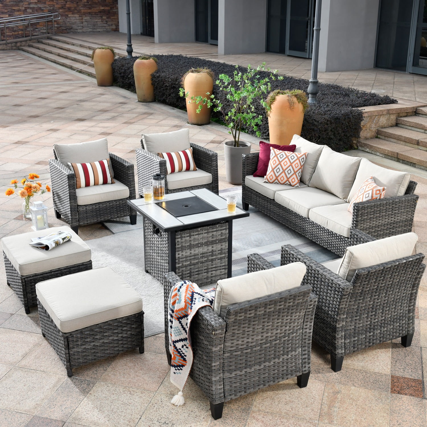 Ovios 8 Pieces Patio Outdoor Furniture Grey Conversation Set Outdoor Sectional Sofa with Gas Fire Pit CSA Approved